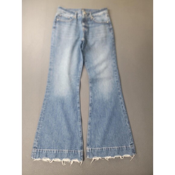Express 70s Flare Jeans Womens 6R Blue Mid Rise Cotton Distressed Hem - Picture 1 of 14